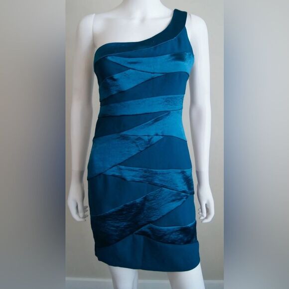 BCX One Shoulder Mini‎ Bodycon Dress Teal Green Satin Size Juniors 13 - Picture 1 of 6